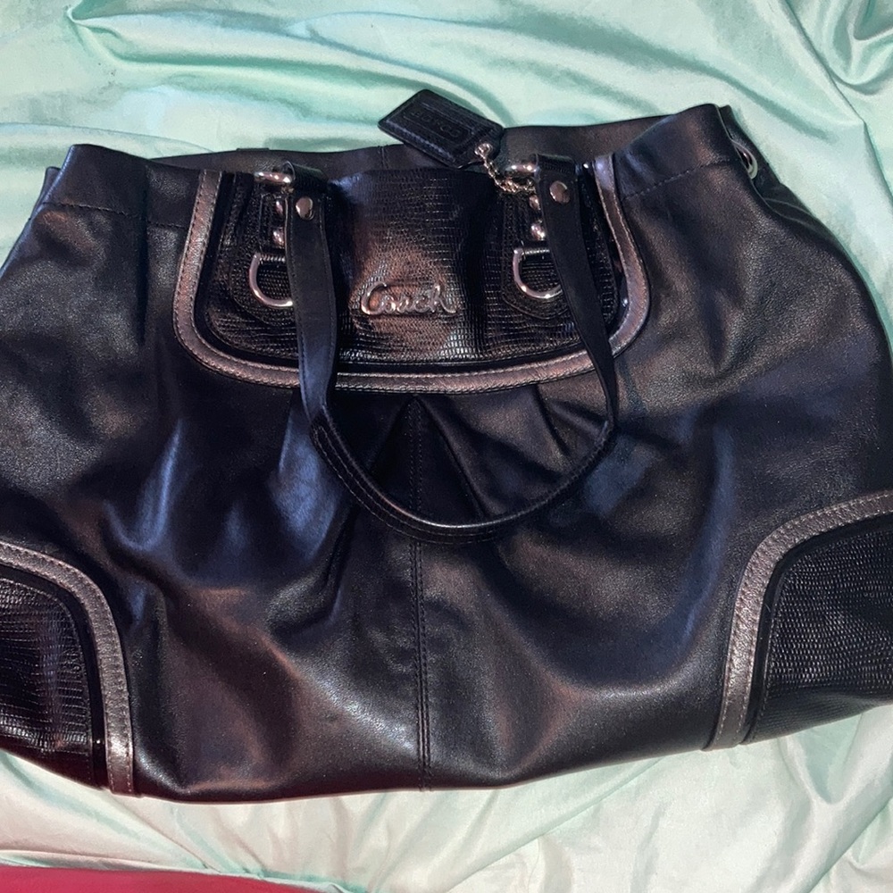 COACH Black Leather Lizard Print Shoulder Bag